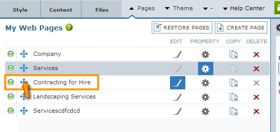 Drag Page under Services Tab
